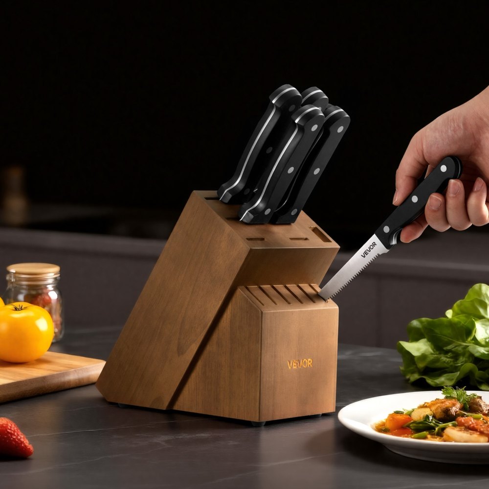 VEVOR Kitchen Knife Set with Block and Sharpener, 15 Piece German High Carbon Stainless Steel Knife Set, Kitchen Cutlery with ABS Ergonomic Handle, Sharpening Rod and Wooden Block, for Home Cooks