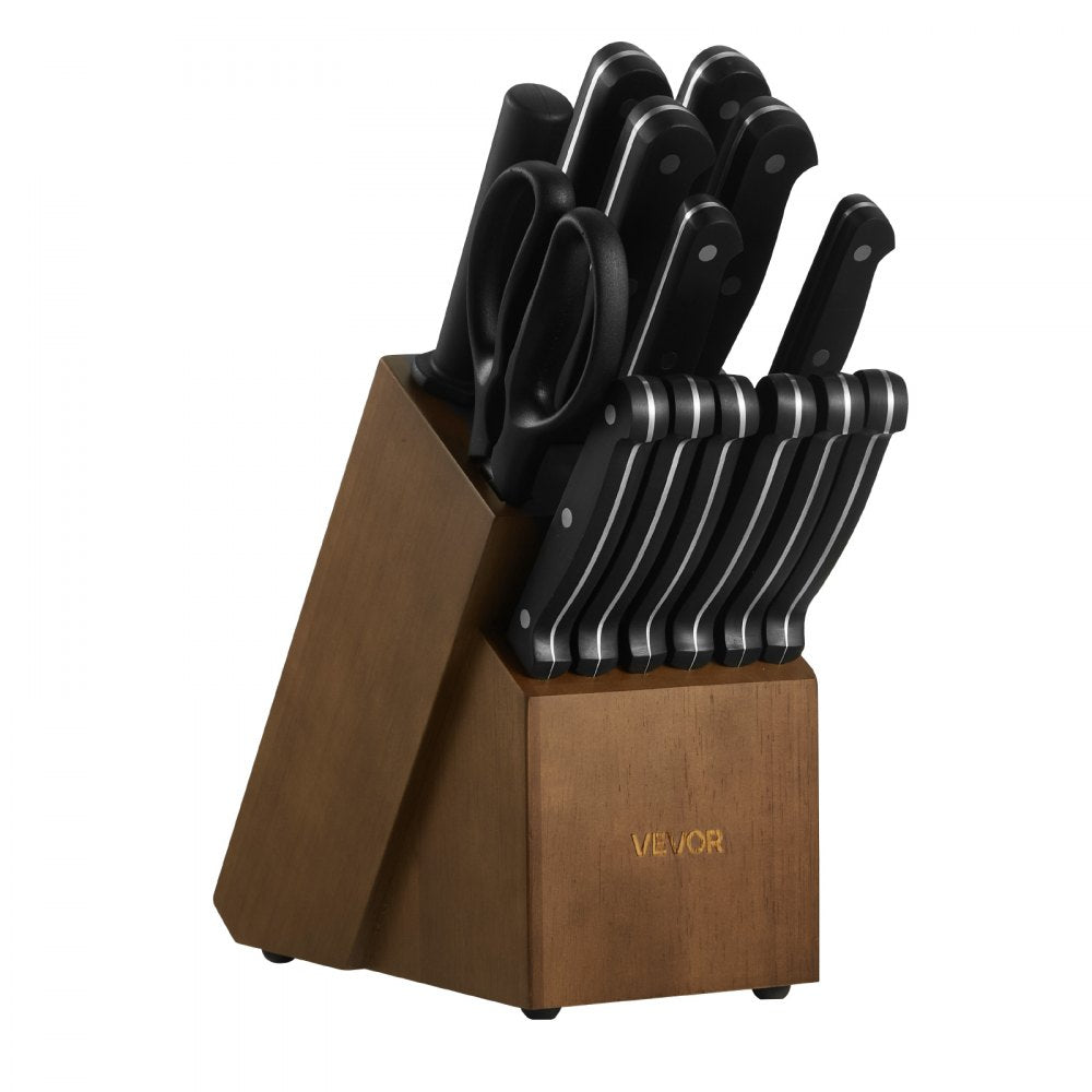 VEVOR Kitchen Knife Set with Block and Sharpener, 15 Piece German High Carbon Stainless Steel Knife Set, Kitchen Cutlery with ABS Ergonomic Handle, Sharpening Rod and Wooden Block, for Home Cooks