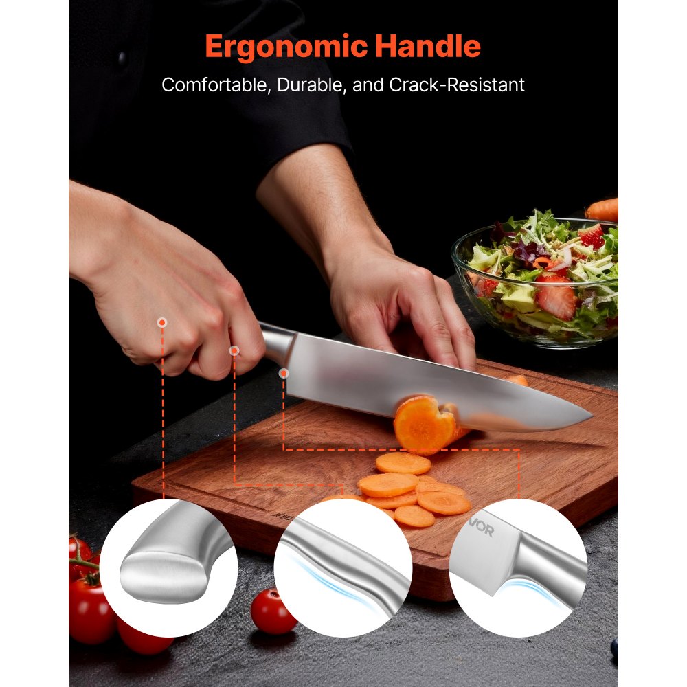 VEVOR Kitchen Knife Set with Block and Sharpener, 15 Piece German High Carbon Stainless Steel  Sharp Knife Set, Kitchen Cutlery with Ergonomic Handle, Sharpening Rod and Wooden Block, for Home Cooks