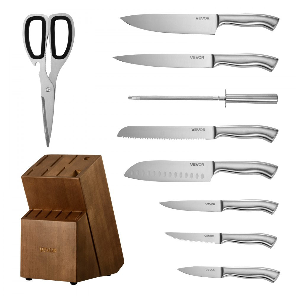 VEVOR Kitchen Knife Set with Block and Sharpener, 15 Piece German High Carbon Stainless Steel  Sharp Knife Set, Kitchen Cutlery with Ergonomic Handle, Sharpening Rod and Wooden Block, for Home Cooks