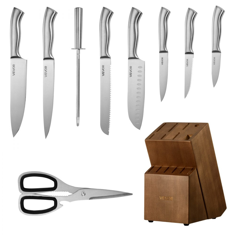 VEVOR Kitchen Knife Set with Block and Sharpener, 15 Piece German High Carbon Stainless Steel  Sharp Knife Set, Kitchen Cutlery with Ergonomic Handle, Sharpening Rod and Wooden Block, for Home Cooks