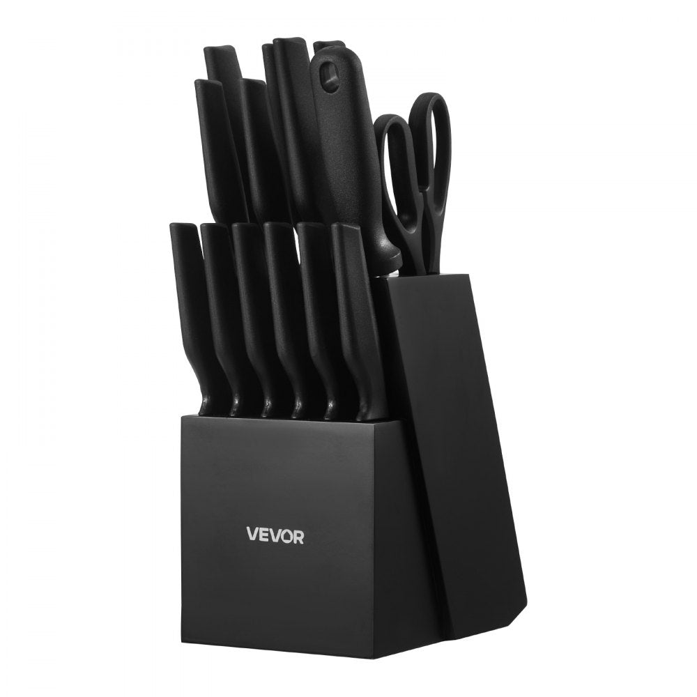 VEVOR Kitchen Knife Set with Block and Sharpener, 15 Piece German High Carbon Stainless Steel Knife Set, Kitchen Cutlery with PP Ergonomic Handle, Sharpening Rod and Wooden Block, for Home Cooks