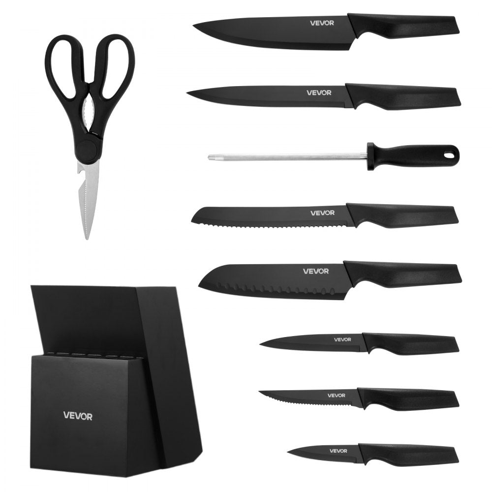 VEVOR Kitchen Knife Set with Block and Sharpener, 15 Piece German High Carbon Stainless Steel Knife Set, Kitchen Cutlery with PP Ergonomic Handle, Sharpening Rod and Wooden Block, for Home Cooks