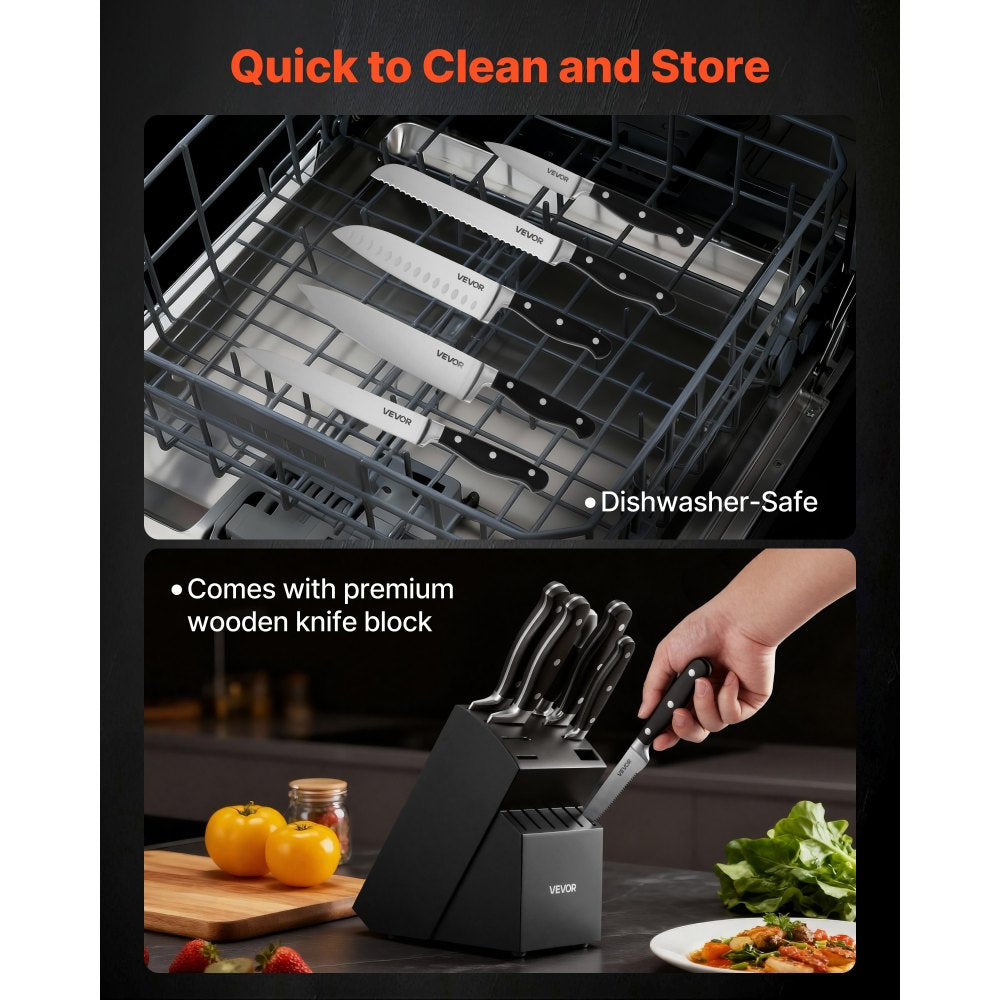 VEVOR Kitchen Knife Set with Block and Sharpener, 15 Piece High Carbon Stainless Steel Sharp Knife Set, Kitchen Cutlery with Crack-Resistant Handle, Sharpening Rod and Wooden Block, for Home Cooks