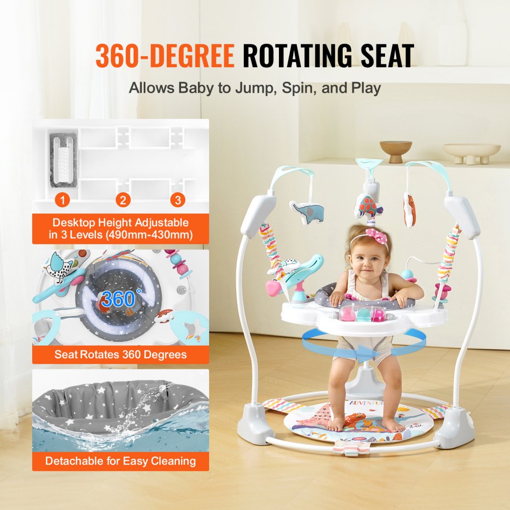 VEVOR Baby Bouncer, Baby Activity Center 360° Rotation & Adjustable Height, Toddler Play Jumper with Developmental Toys, Music Lights Sounds, Baby SpaceSaver Jumperoo For Age 6 Months and Up