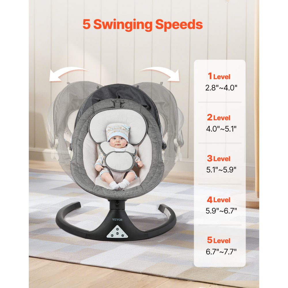 VEVOR Baby Swing, 5-Speed Baby Rocker with 3 Seat Position, Portable Infant Swing for Newborn with PVC Touch Panel, Remote Control, Bluetooth, 10 Lullabies & Toy Bar for 0-9 Month/0-20 lbs Boys Girls