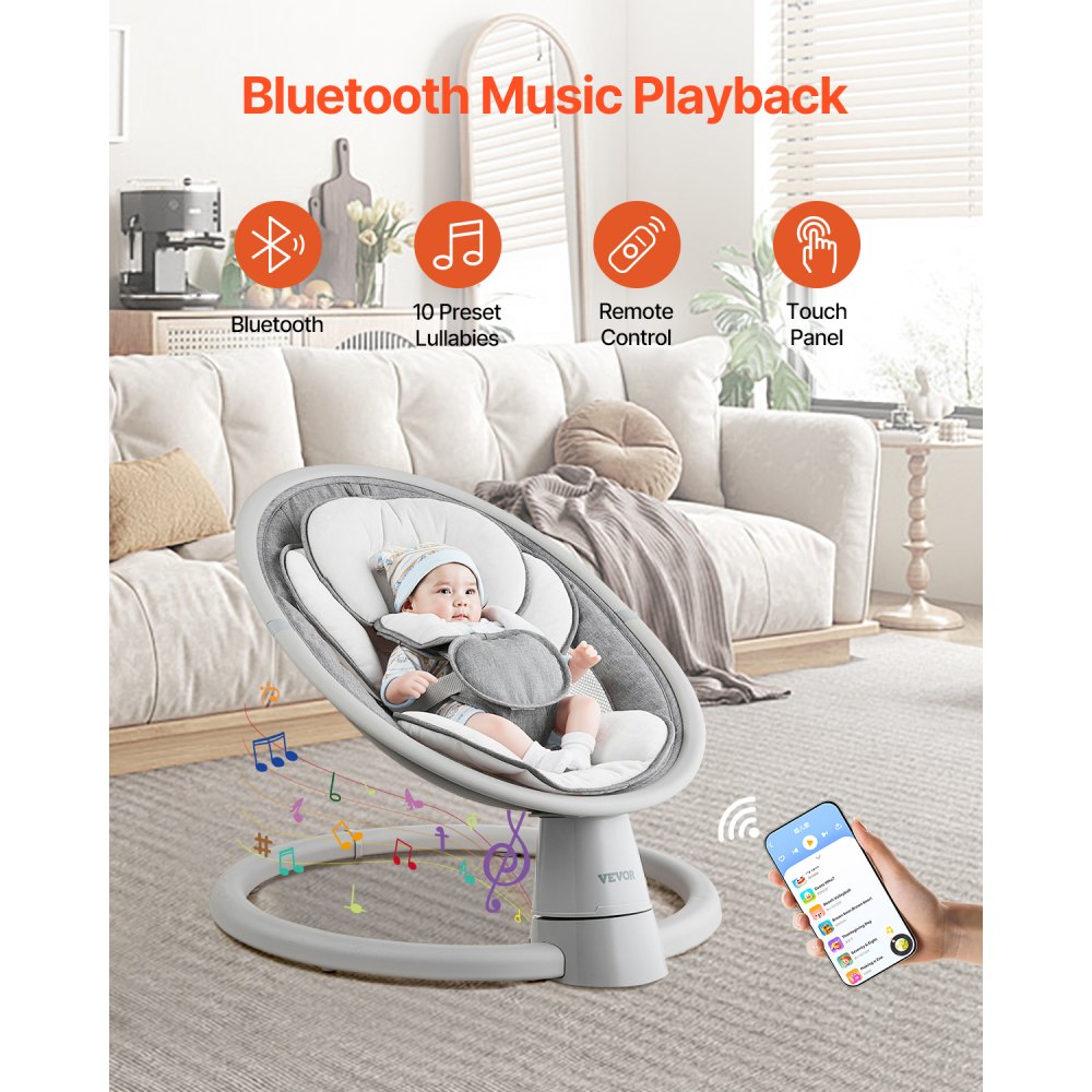 VEVOR Baby Swing, 5-Speed Baby Rocker Swing, Portable Infant Swing with Remote Control, Touch Panel, Bluetooth Music, 10 Preset Lullabies & 5-Point Safety Harness for 0-9 Month Boys Girls Up to 20lbs