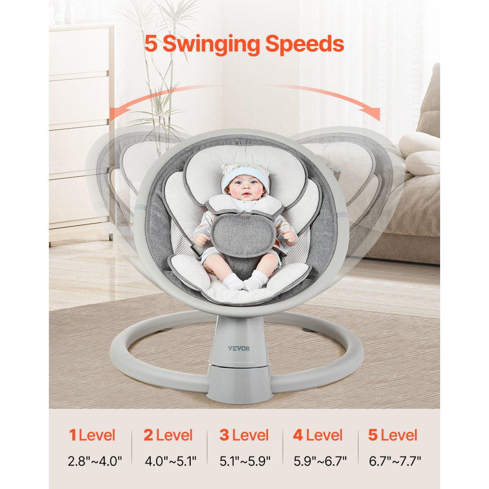 VEVOR Baby Swing, 5-Speed Baby Rocker Swing, Portable Infant Swing with Remote Control, Touch Panel, Bluetooth Music, 10 Preset Lullabies & 5-Point Safety Harness for 0-9 Month Boys Girls Up to 20lbs