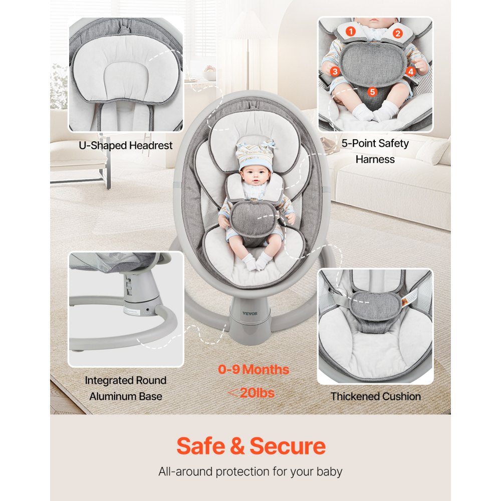 VEVOR Baby Swing, 5-Speed Baby Rocker Swing, Portable Infant Swing with Remote Control, Touch Panel, Bluetooth Music, 10 Preset Lullabies & 5-Point Safety Harness for 0-9 Month Boys Girls Up to 20lbs