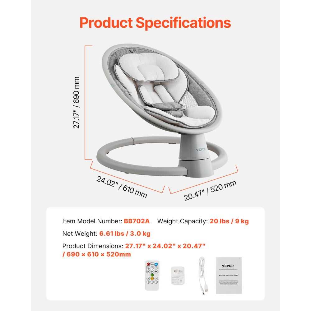 VEVOR Baby Swing, 5-Speed Baby Rocker Swing, Portable Infant Swing with Remote Control, Touch Panel, Bluetooth Music, 10 Preset Lullabies & 5-Point Safety Harness for 0-9 Month Boys Girls Up to 20lbs