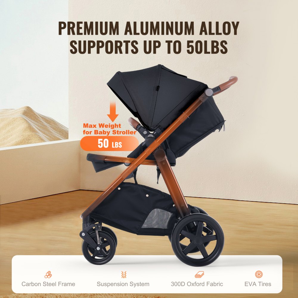 VEVOR Travel System Stroller with Infant Bassinet, 2-in-1 Baby Cradle Stroller Combo, Reversible Seat, Easy One-button Folding, EVA Tires with Brake Aluminum Stroller Carseat Combo Set (Black)
