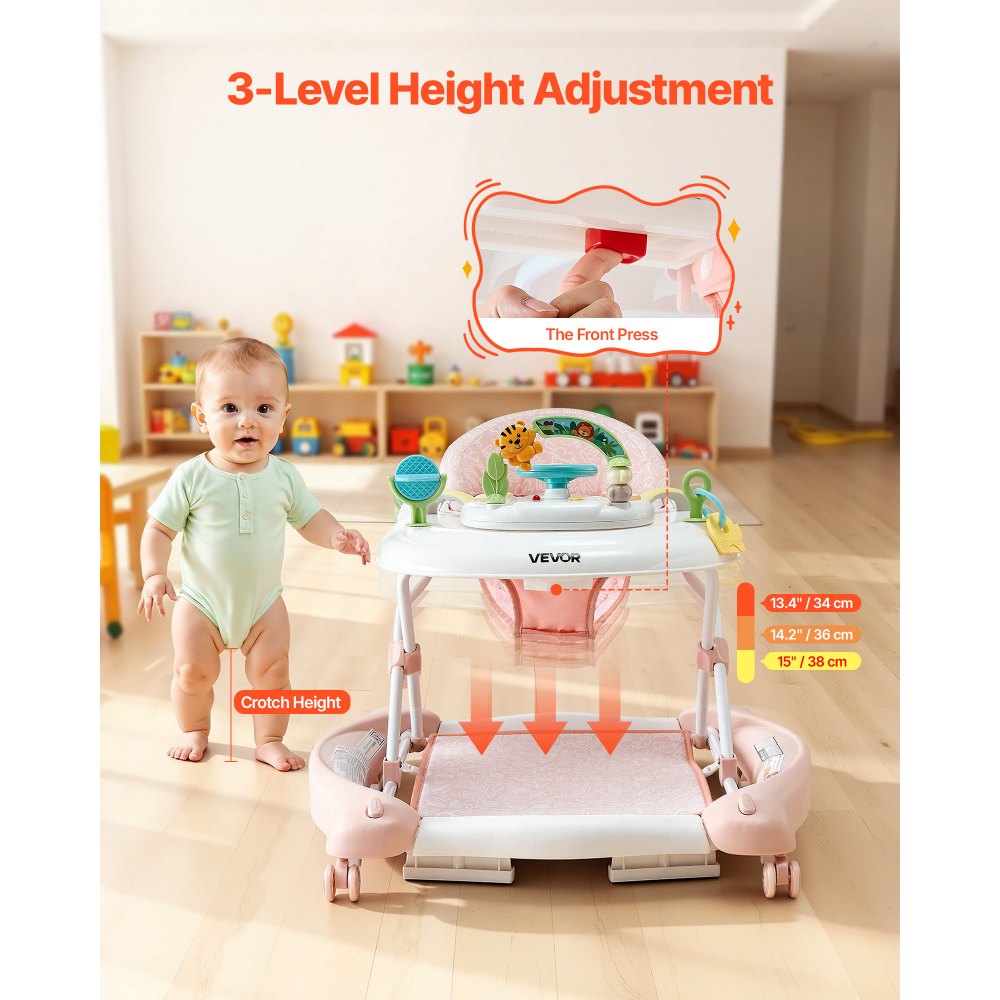 VEVOR 5-in-1 Baby Walker, Folding Baby Activity Center on Wheels, Height Adjustable Rocker Bouncer Walker with Comfortable High-Back Seat, Anti-Rollover Toddler Walking Helper for 6-24 Month Boy Girls