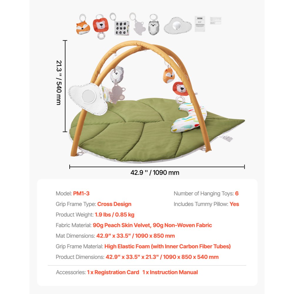 VEVOR Baby Play Gym Mat, Baby Activity Mat with 6 Sensory Toys, Oversize Leaf-Shaped Tummy Time Mat for 0-18 Months Newborn Infant, Baby Essential Gift for Motor Skills & Early Cognitive Development