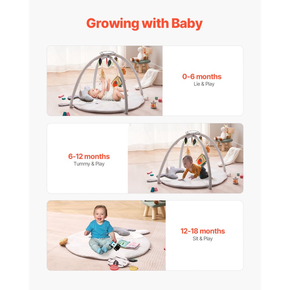 VEVOR Baby Play Gym Mat, Tummy Time Mat with 5 Sensory Toys, Baby Activity Mat with Light-up Musical Duck Toy for 0-18 Months Newborn Infant, Baby Essential Gift for Sensory & Motor Skill Development