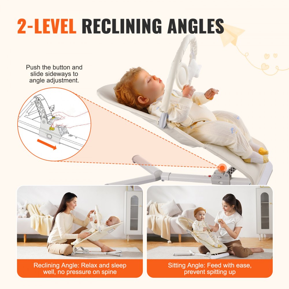 VEVOR Baby Bouncer, Folding Bouncer Seat for Babies 0-9 Months, Newborn Bouncer Chair with 2 Reclining Angles & Rotatable Toy Bar, Portable Infant Rocker with Carrying Bag for Indoors Outdoors, Beige