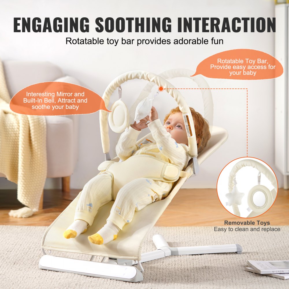 VEVOR Baby Bouncer, Folding Bouncer Seat for Babies 0-9 Months, Newborn Bouncer Chair with 2 Reclining Angles & Rotatable Toy Bar, Portable Infant Rocker with Carrying Bag for Indoors Outdoors, Beige