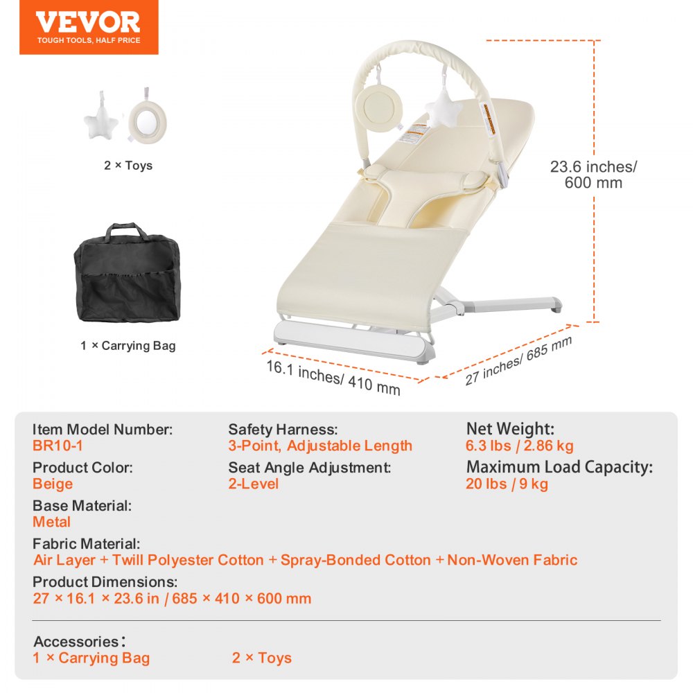 VEVOR Baby Bouncer, Folding Bouncer Seat for Babies 0-9 Months, Newborn Bouncer Chair with 2 Reclining Angles & Rotatable Toy Bar, Portable Infant Rocker with Carrying Bag for Indoors Outdoors, Beige