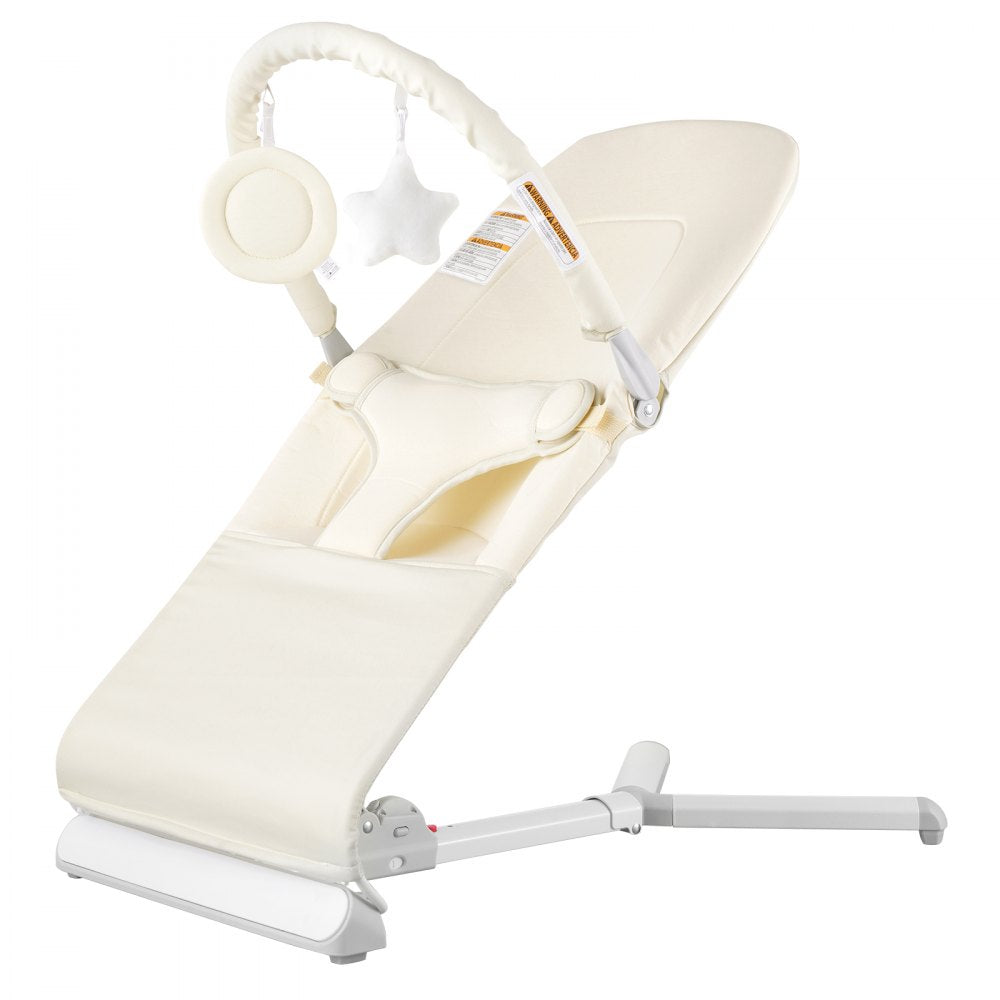 VEVOR Baby Bouncer, Folding Bouncer Seat for Babies 0-9 Months, Newborn Bouncer Chair with 2 Reclining Angles & Rotatable Toy Bar, Portable Infant Rocker with Carrying Bag for Indoors Outdoors, Beige