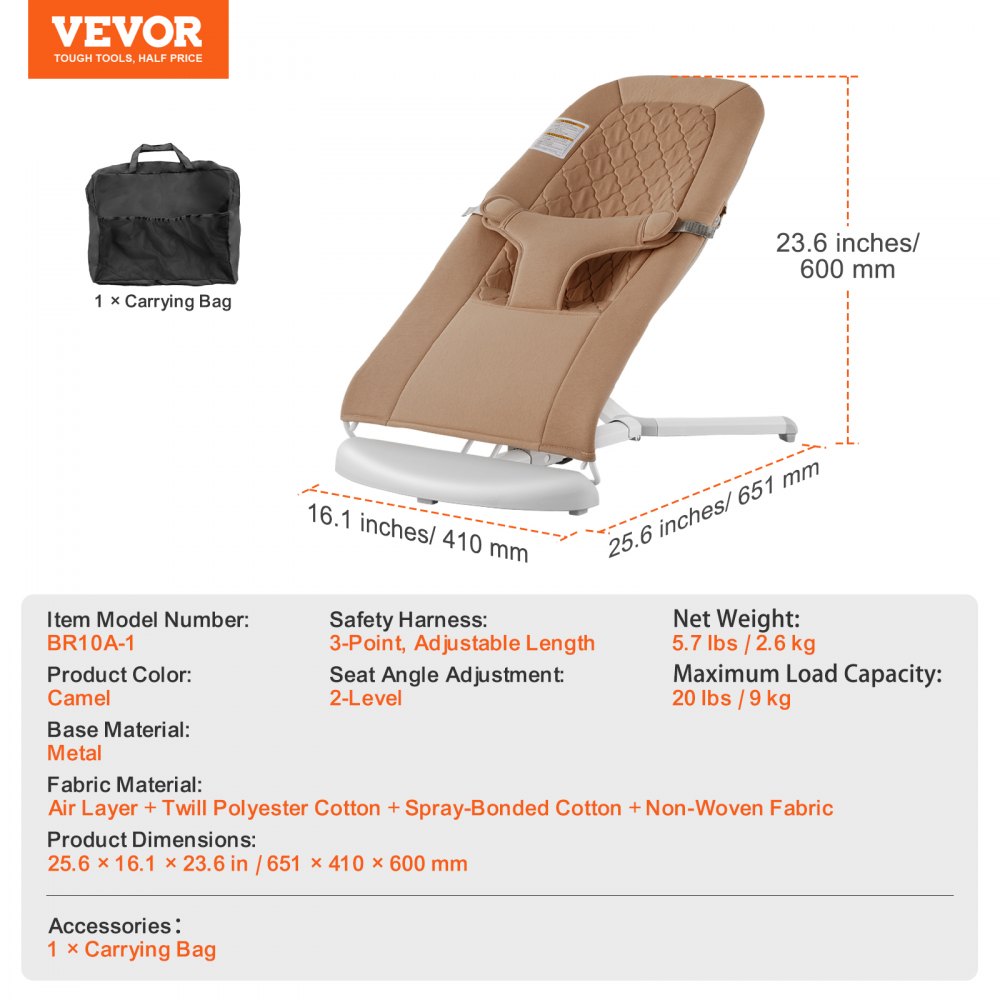 VEVOR Baby Bouncer, Folding Bouncer Seat for Babies 0-9 Months, Newborn Bouncer Chair with 2 Reclining Angles & 3-Point Harness, Portable Infant Rocker with Carrying Bag for Indoors Outdoors, Camel