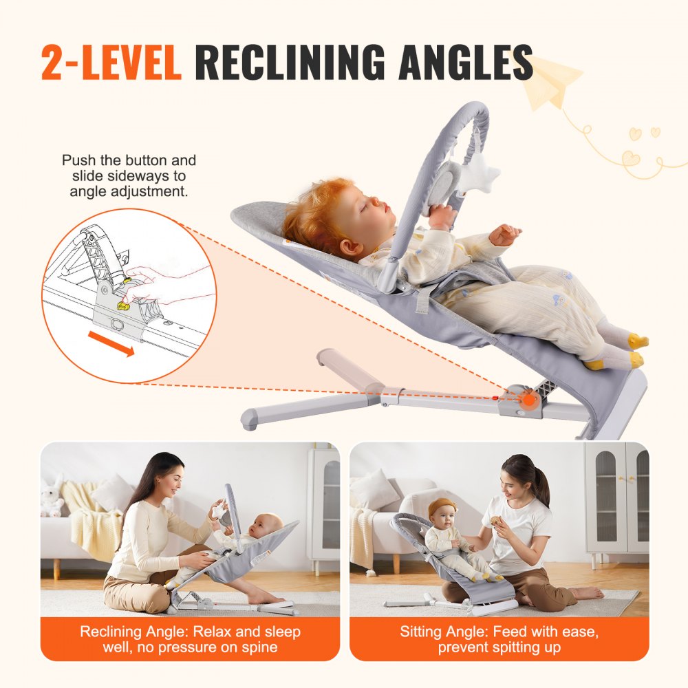 VEVOR Baby Bouncer, Folding Bouncer Seat for Babies 0-9 Months, Newborn Bouncer Chair with 2 Reclining Angles & Rotatable Toy Bar, Portable Infant Rocker with Travel Bag for Indoor Outdoor, Light Gray