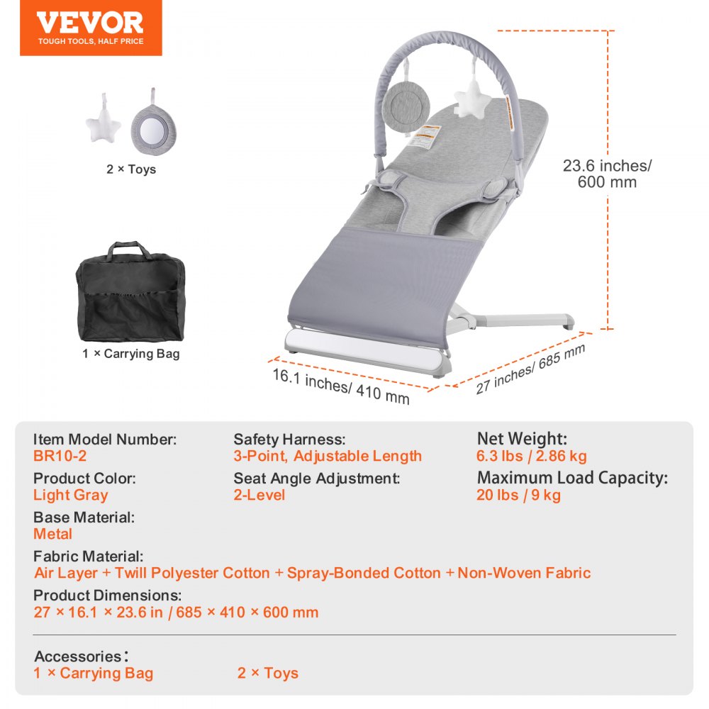 VEVOR Baby Bouncer, Folding Bouncer Seat for Babies 0-9 Months, Newborn Bouncer Chair with 2 Reclining Angles & Rotatable Toy Bar, Portable Infant Rocker with Travel Bag for Indoor Outdoor, Light Gray