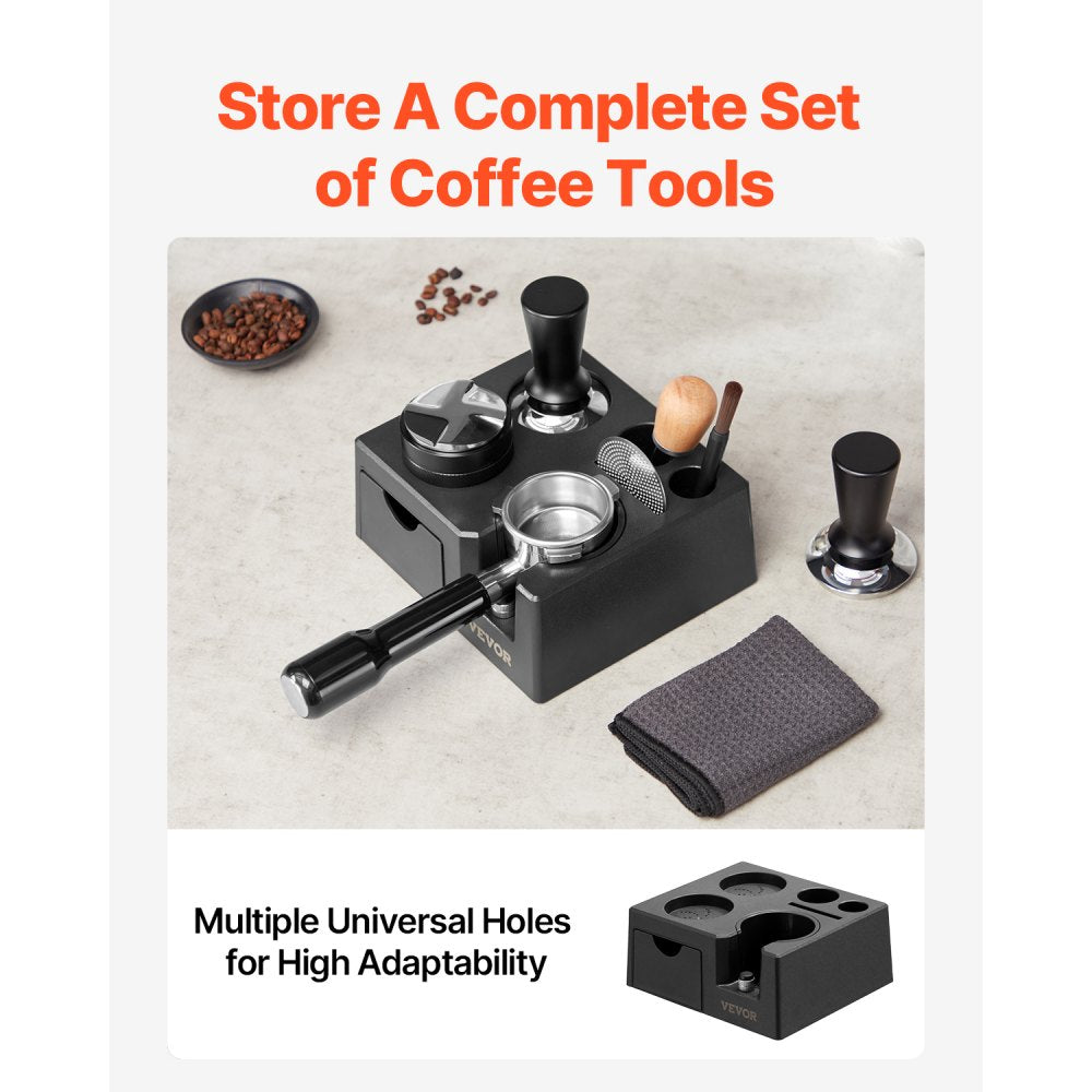 VEVOR Espresso Tamping Station, ABS Material, 7-in-1 Multifunctional Tamping Station with Detachable Slot, Easy to Clean Espresso Knock Box with Non-Slip Base, Fits for 51-58 mm Handles