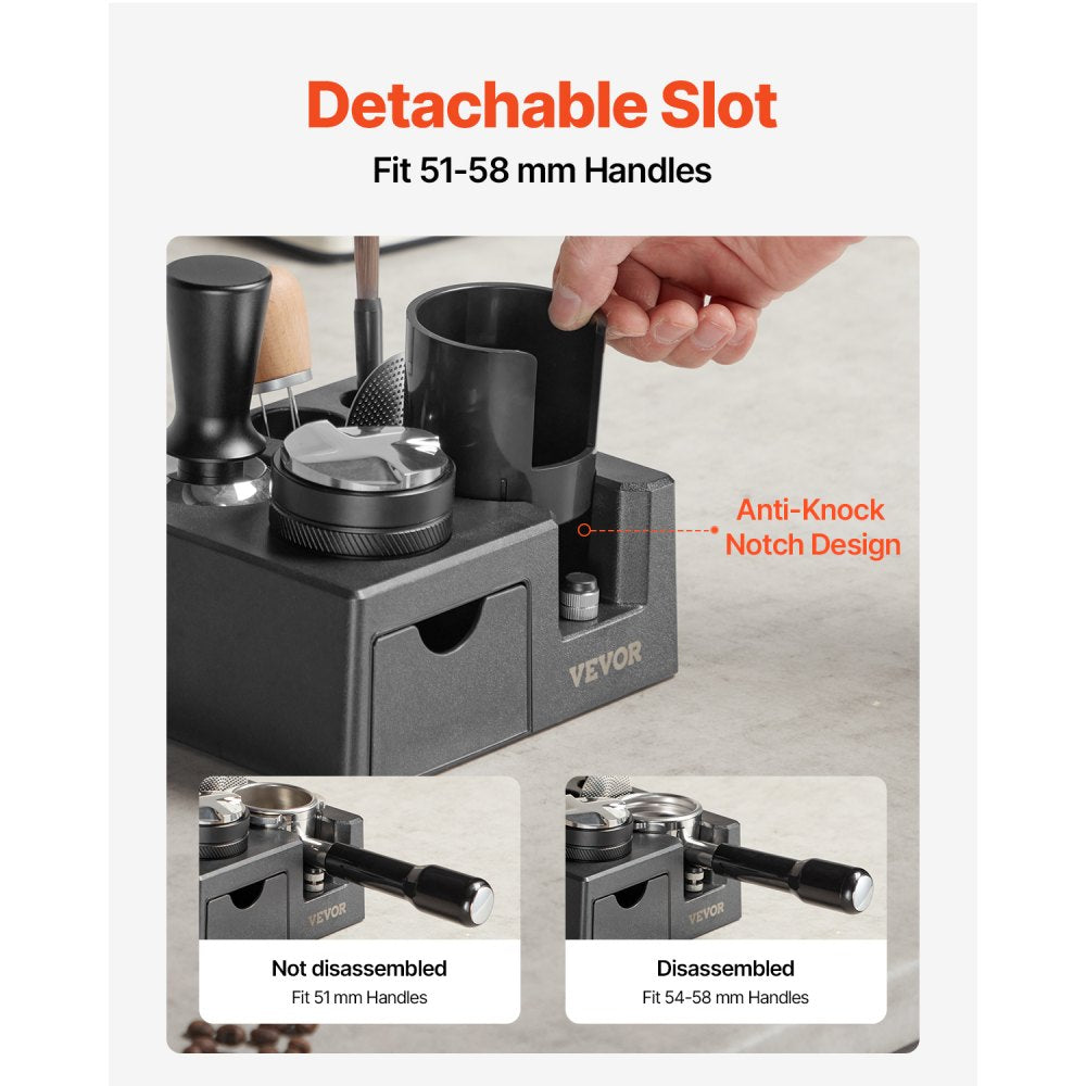 VEVOR Espresso Tamping Station, ABS Material, 7-in-1 Multifunctional Tamping Station with Detachable Slot, Easy to Clean Espresso Knock Box with Non-Slip Base, Fits for 51-58 mm Handles