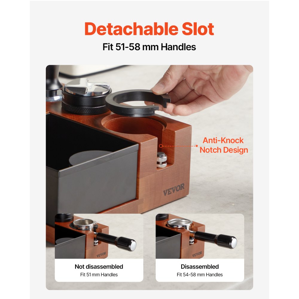 VEVOR Espresso Tamping Station, Sapele Wood, 9-in-1 Multifunctional Tamping Station with Detachable Slot, Easy to Clean Espresso Knock Box with Non-Slip Base, Fits for 51-58 mm Handles