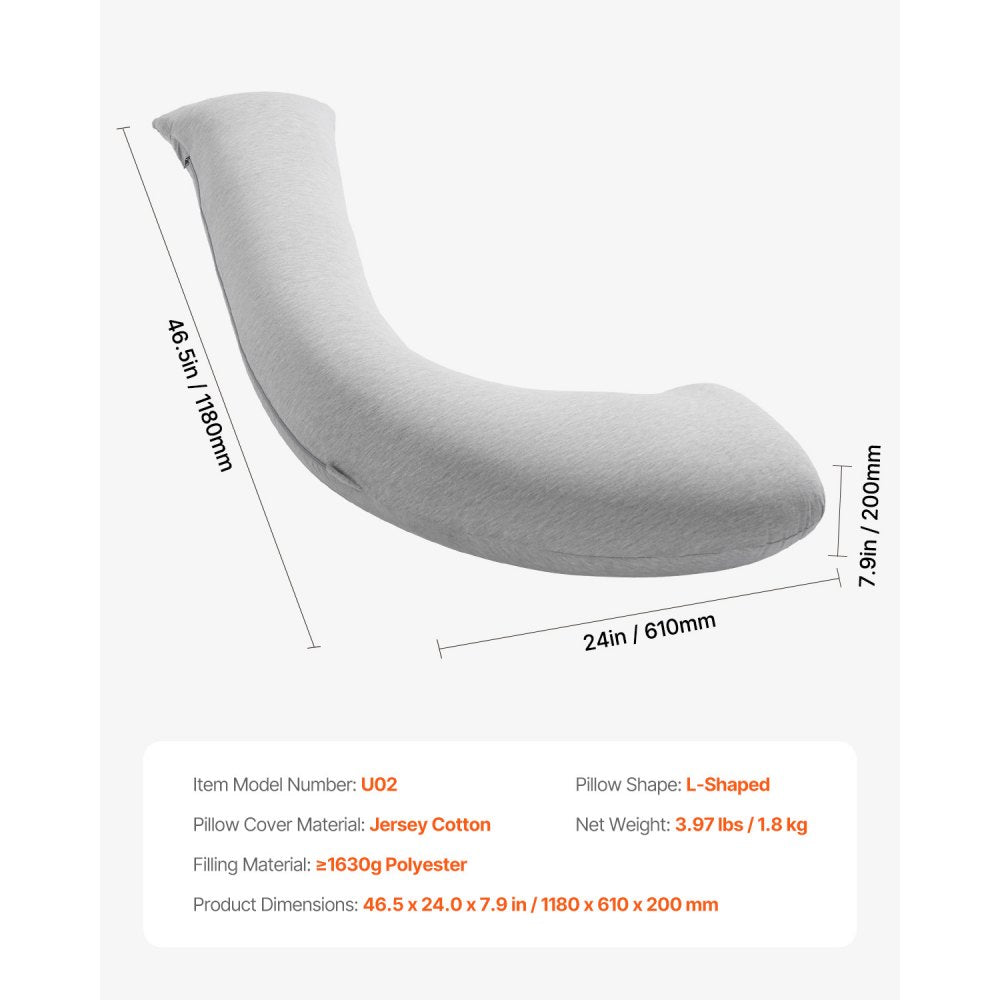 VEVOR Pregnancy Pillows for Side Sleeping, L-Shaped Maternity Pillow for Pregnant Women, Soft & Breathable Pregnancy Body Pillow with Washable Jersey Cover for Head Neck Belly Leg Support, Light Gray