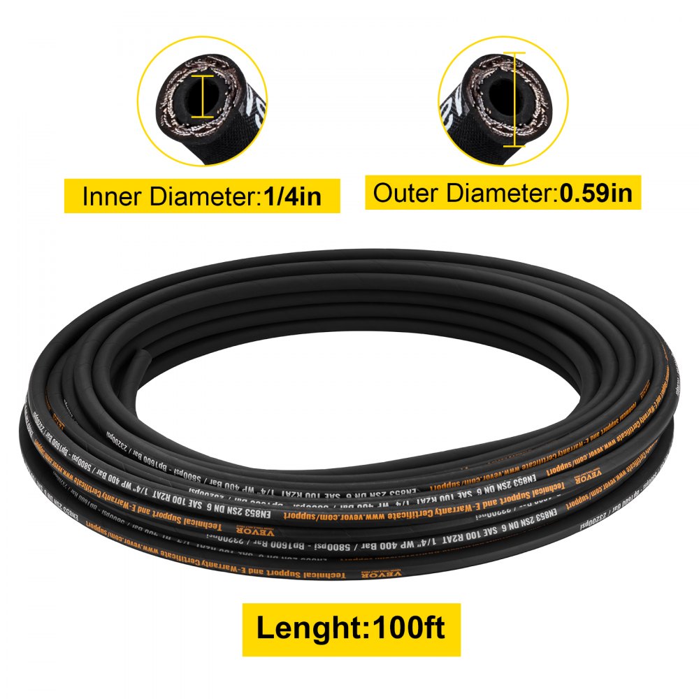 VEVOR Hydraulic Hose 1/4 inch x 100 ft, Coiled Hydraulic Hose 5800 PSI, Rubber Hydraulic Hose with 2 High-Tensile Steel Wire Braid, Bulk Hydraulic Hose -20℃ to 140℃, Hydraulic Oil Flexible Hose