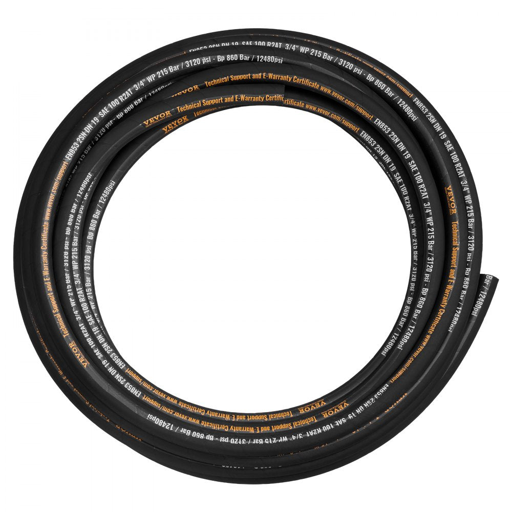 VEVOR Hydraulic Hose 3/4 inch x 50 ft, Coiled Hydraulic Hose 3120 PSI, Rubber Hydraulic Hose with 2 High-Tensile Steel Wire Braid, Bulk Hydraulic Hose -20℃ to 140℃, Hydraulic Oil Flexible Hose