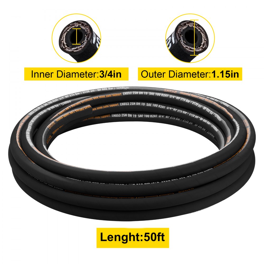 VEVOR Hydraulic Hose 3/4 inch x 50 ft, Coiled Hydraulic Hose 3120 PSI, Rubber Hydraulic Hose with 2 High-Tensile Steel Wire Braid, Bulk Hydraulic Hose -20℃ to 140℃, Hydraulic Oil Flexible Hose