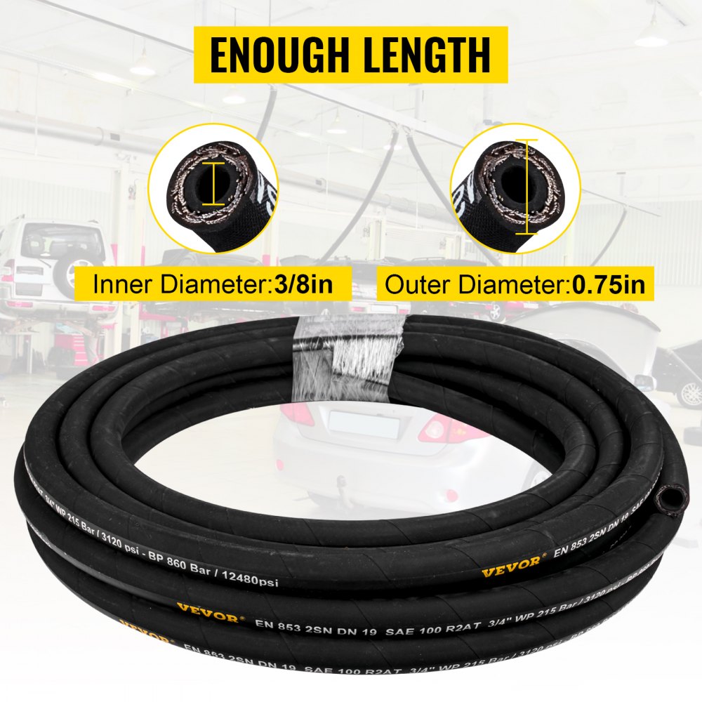 VEVOR Hydraulic Hose 3/8 inch x 50 ft, Coiled Hydraulic Hose 4800 PSI, Rubber Hydraulic Hose with 2 High-Tensile Steel Wire Braid, Bulk Hydraulic Hose -20℃ to 140℃, Hydraulic Oil Flexible Hose