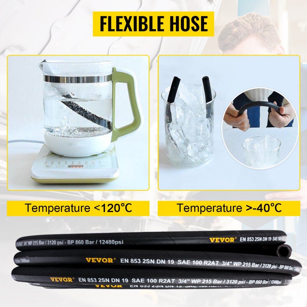 VEVOR Hydraulic Hose 3/8 inch x 50 ft, Coiled Hydraulic Hose 4800 PSI, Rubber Hydraulic Hose with 2 High-Tensile Steel Wire Braid, Bulk Hydraulic Hose -20℃ to 140℃, Hydraulic Oil Flexible Hose