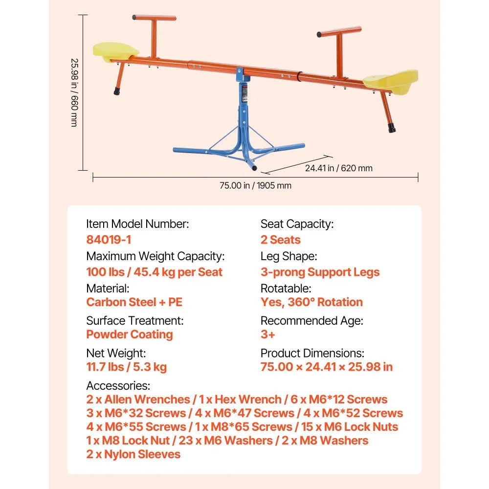 VEVOR Kids Seesaw, 100 lbs Load Capacity per Seat, Sit and Spin Teeter Totter with 3-prong Support Legs, Kids Outdoor Playground Equipment, Swiveling 360 Degrees Rotating for Children Aged 3+