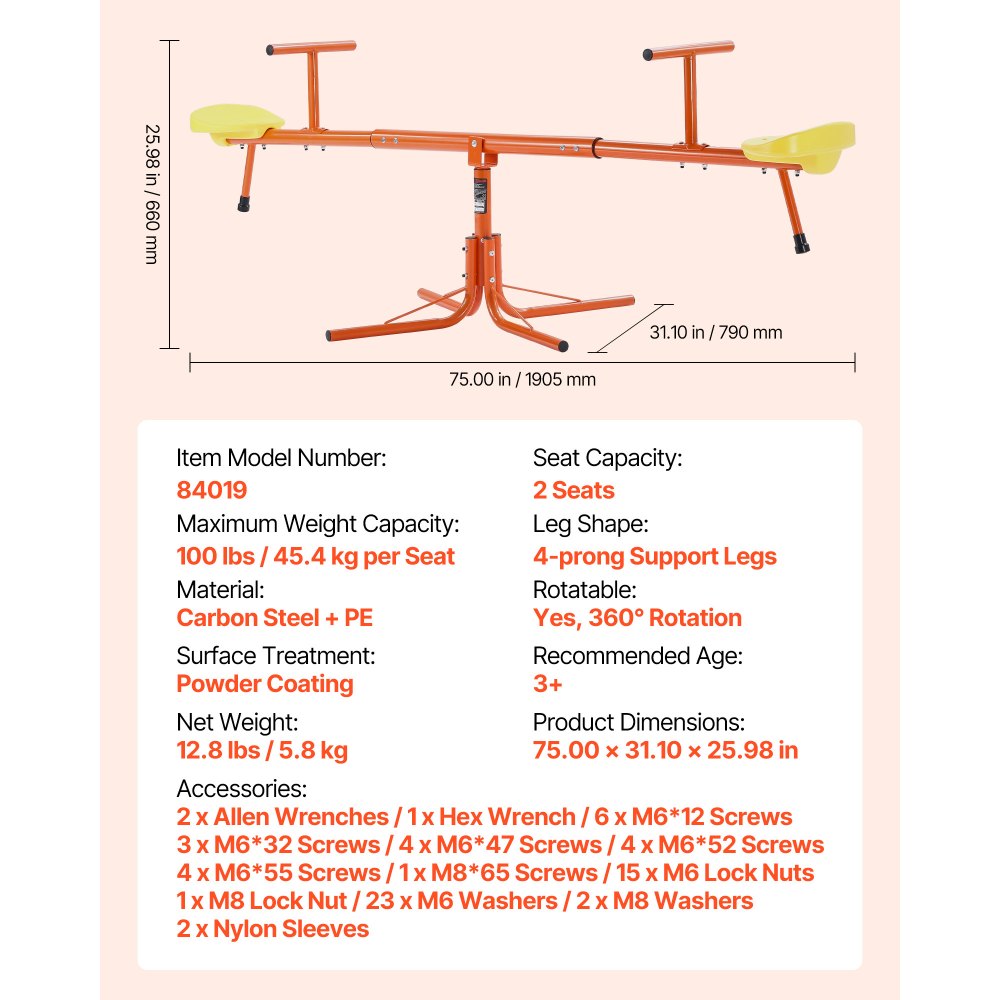 VEVOR Kids Seesaw, 100 lbs Load Capacity per Seat, Sit and Spin Teeter Totter with 4-prong Support Legs, Kids Outdoor Playground Equipment, Swiveling 360 Degrees Rotating for Children Aged 3+