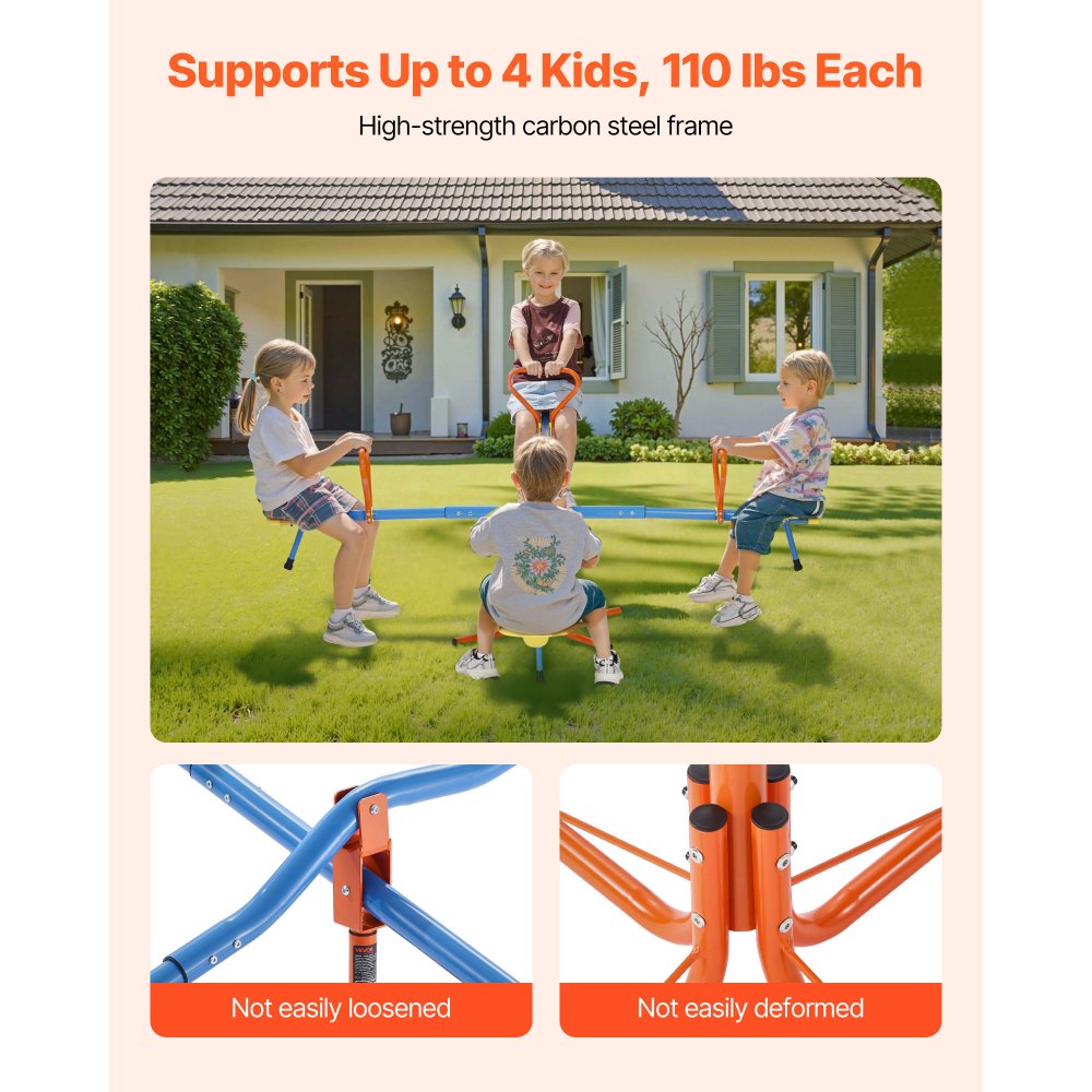 VEVOR Kids Seesaw, 110 lbs Load Capacity per Seat, Sit and Spin Teeter Totter with 4-prong Support Legs, Kids Outdoor Playground Equipment, Swiveling 360 Degrees Rotating for Children Aged 3+, 4 Seats