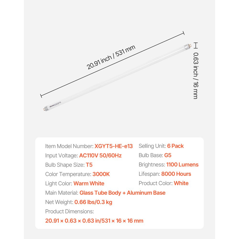 VEVOR 8 Pack T5 Fluorescent Light Bulbs, 21-Inch Linear, Fluorescent Tube Lamp with 3000K Warm White, 13 Watts, G5 Bi-Pin Base, 1100 Lumens, Replacement Bulb, for Under Cabinet Counter Fixture, Closet