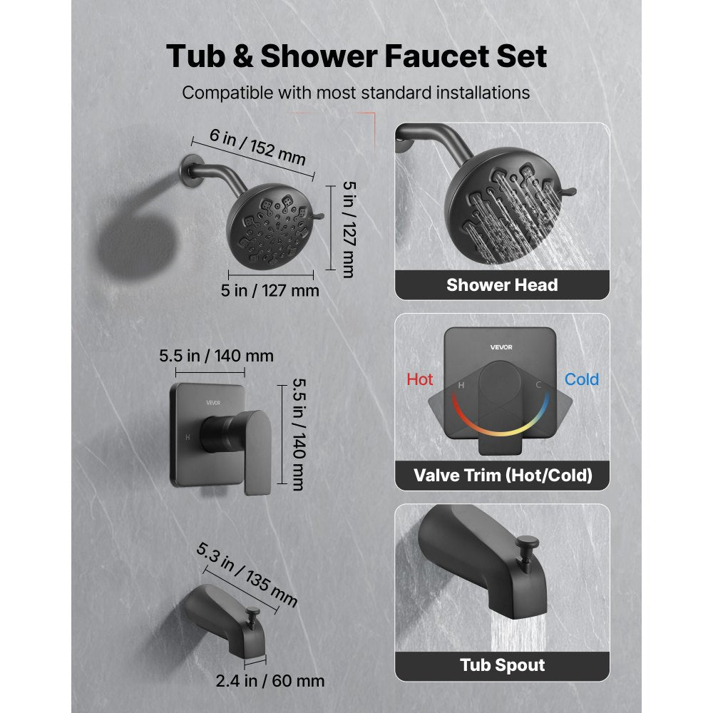 VEVOR Tub and Shower Faucet Set, 5-Inch Rainfall Shower Head and Bathtub Spout, Complete Single-Handle Tub Trim Kit with Brass Pressure Balancing Valve, 8-Setting Adjustable Spray Modes, Matte Black