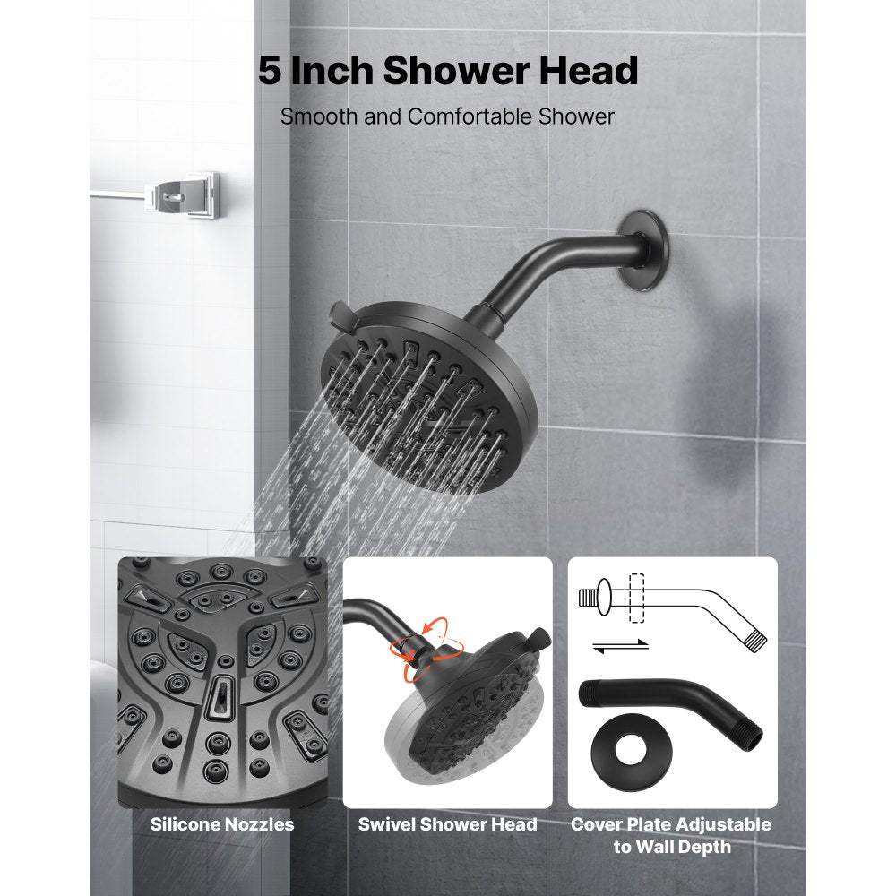 VEVOR Tub and Shower Faucet Set, Complete with 5-Inch Rainfall Shower Head and Bathtub Spout, 8-Setting Adjustable Spray, Single-Handle Tub Trim Kit with Brass Pressure Balancing Valve, Matte Black