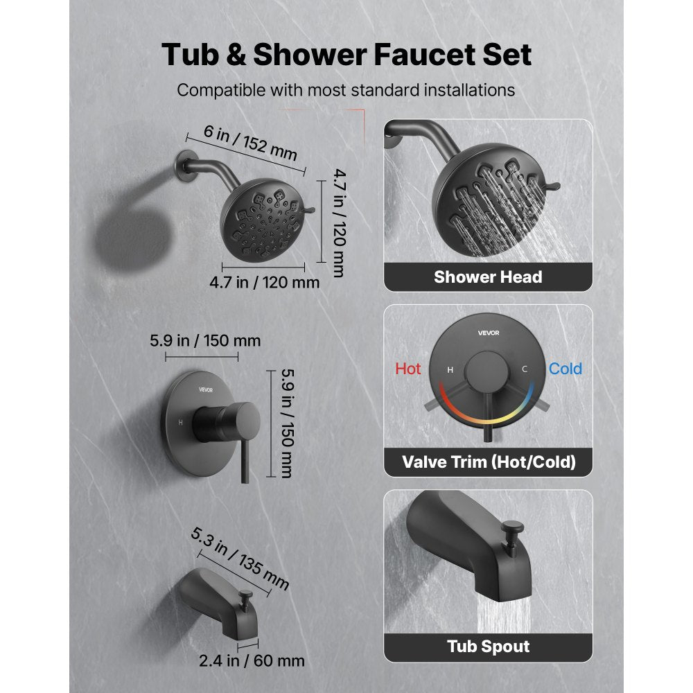 VEVOR Tub and Shower Faucet Set, Complete with 4.7-Inch Rainfall Shower Head and Bathtub Spout, 9-Setting Adjustable Spray, Single-Handle Tub Trim Kit with Brass Pressure Balancing Valve, Matte Black