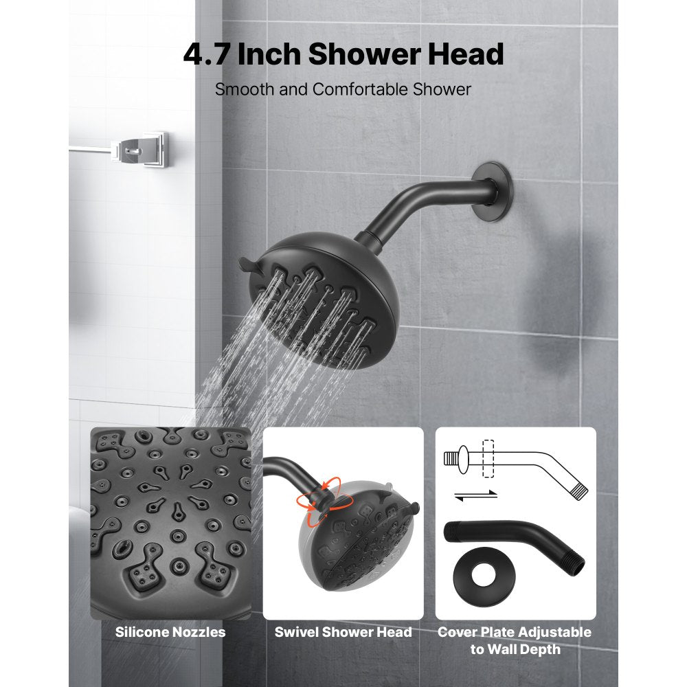 VEVOR Tub and Shower Faucet Set, Complete with 4.7-Inch Rainfall Shower Head and Bathtub Spout, 9-Setting Adjustable Spray, Single-Handle Tub Trim Kit with Brass Pressure Balancing Valve, Matte Black