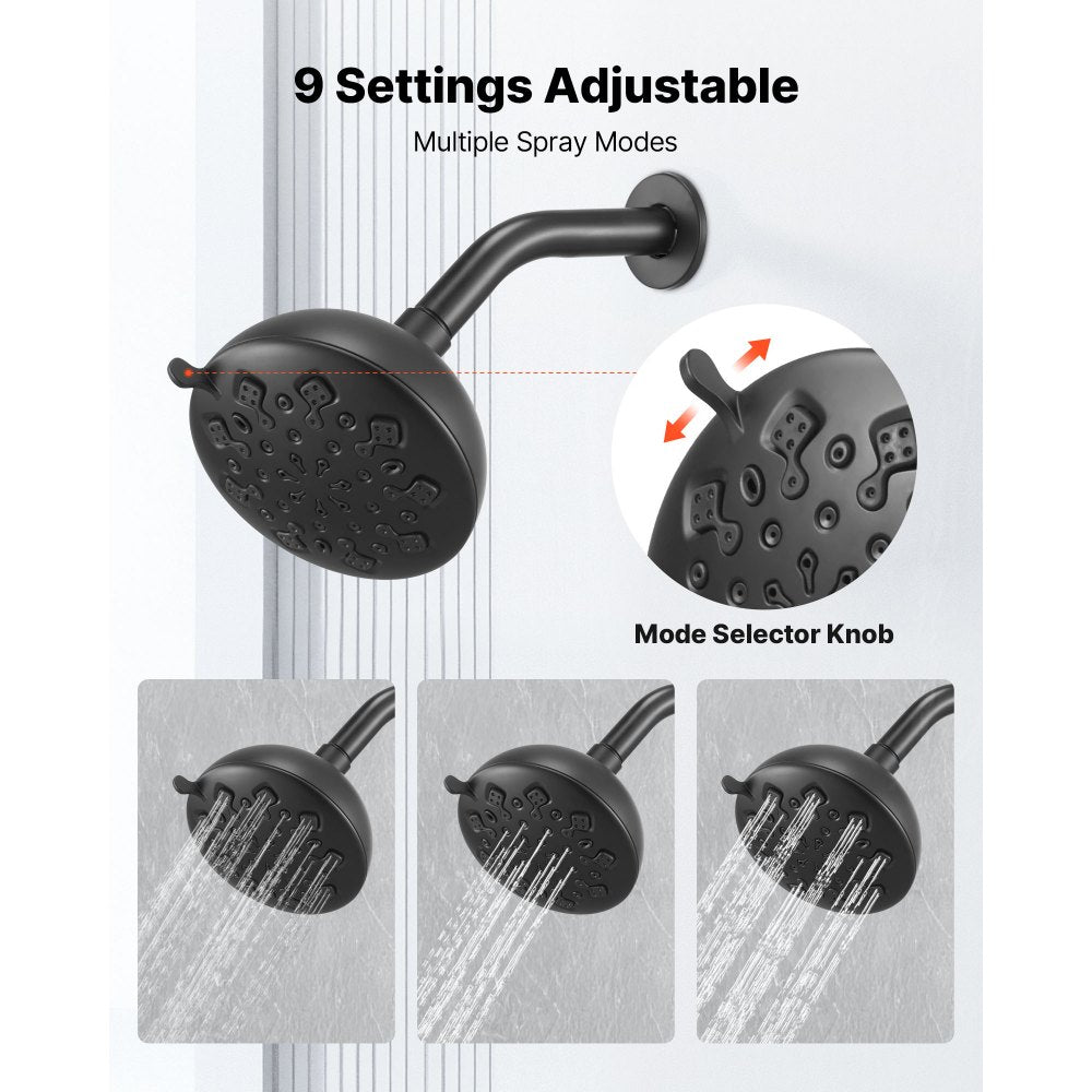VEVOR Tub and Shower Faucet Set, Complete with 4.7-Inch Rainfall Shower Head and Bathtub Spout, 9-Setting Adjustable Spray, Single-Handle Tub Trim Kit with Brass Pressure Balancing Valve, Matte Black