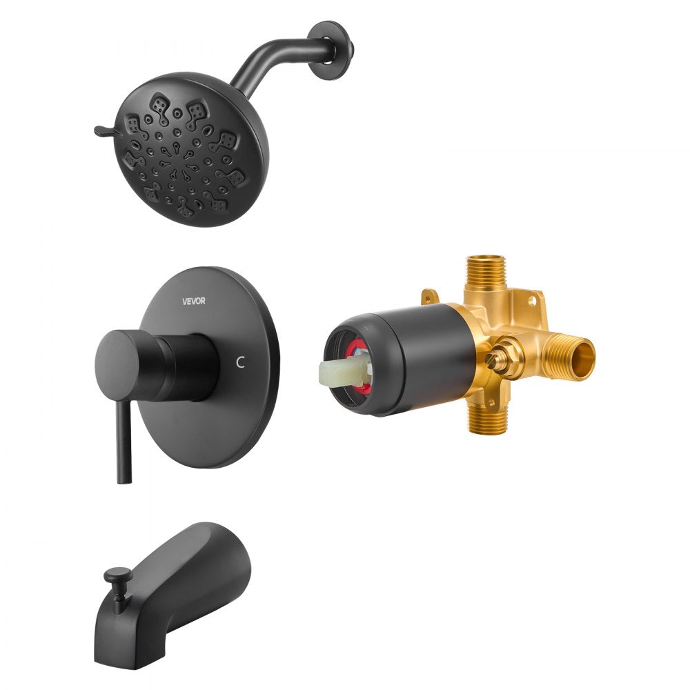 VEVOR Tub and Shower Faucet Set, Complete with 4.7-Inch Rainfall Shower Head and Bathtub Spout, 9-Setting Adjustable Spray, Single-Handle Tub Trim Kit with Brass Pressure Balancing Valve, Matte Black