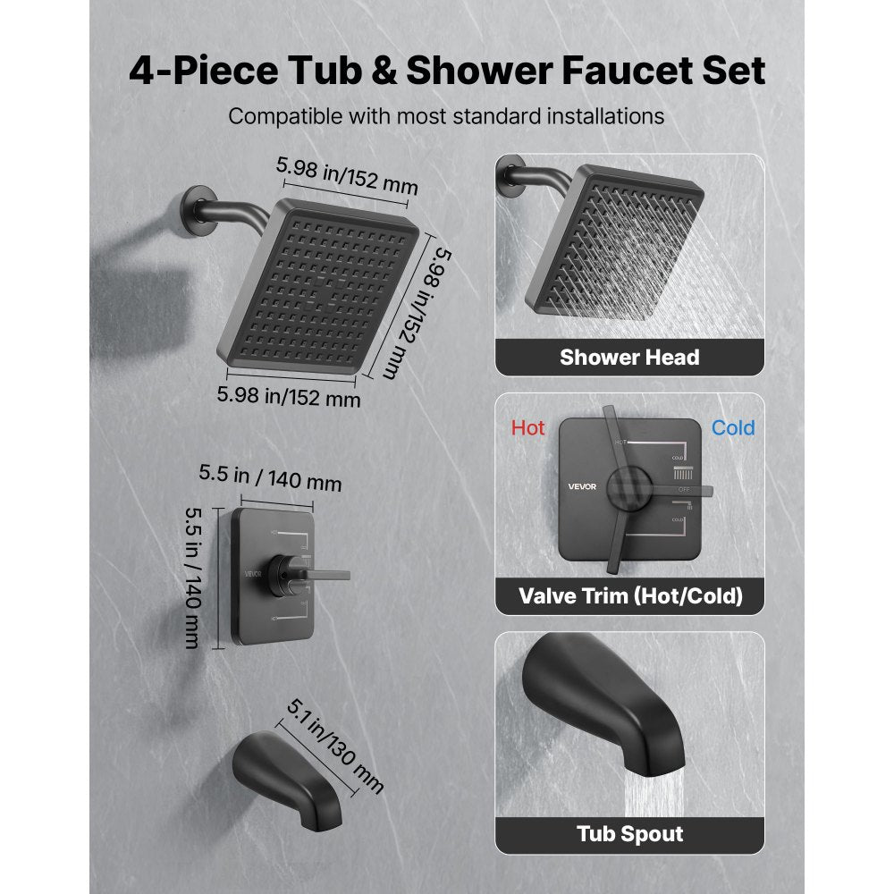 VEVOR Tub and Shower Faucet Set, Complete with 6-Inch Rainfall Shower Head and Bathtub Spout, Single-Spray Single-Handle Tub Trim Kit with 304 Stainless Steel Valve Trim for Bathrooms, Matte Black
