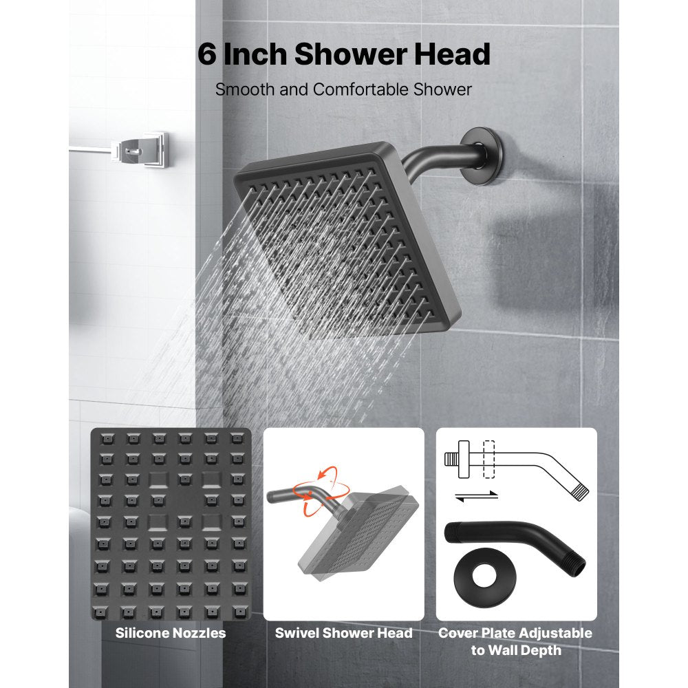 VEVOR Tub and Shower Faucet Set, Complete with 6-Inch Rainfall Shower Head and Bathtub Spout, Single-Spray Single-Handle Tub Trim Kit with 304 Stainless Steel Valve Trim for Bathrooms, Matte Black