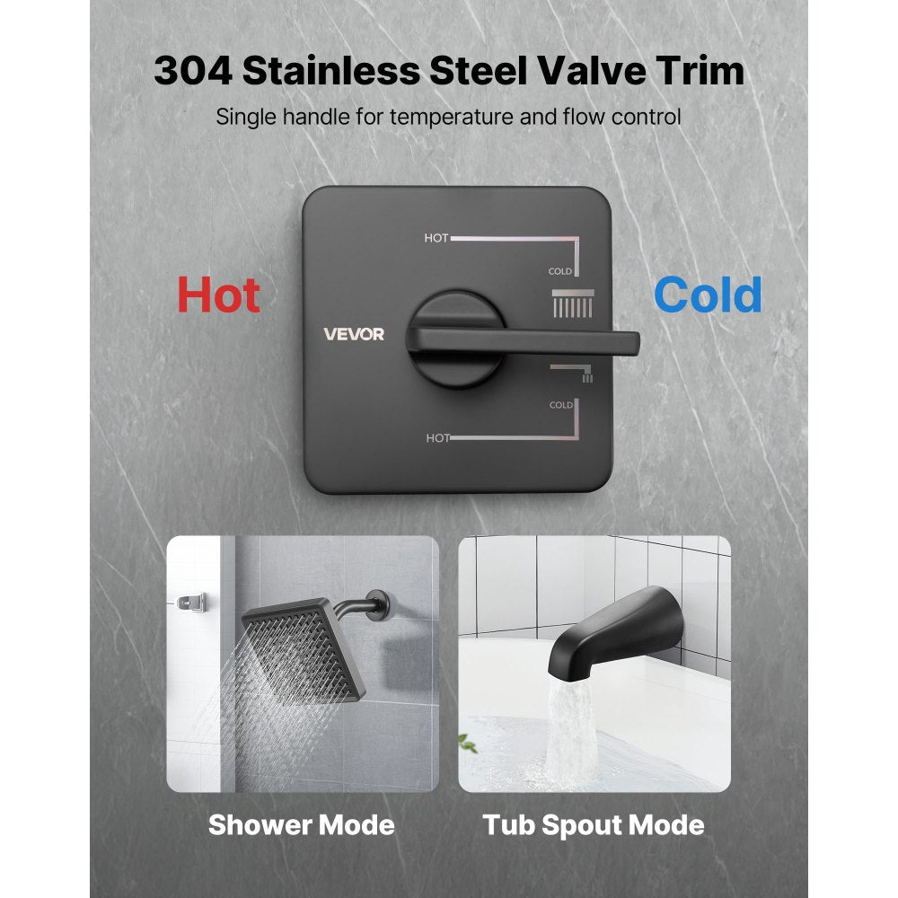 VEVOR Tub and Shower Faucet Set, Complete with 6-Inch Rainfall Shower Head and Bathtub Spout, Single-Spray Single-Handle Tub Trim Kit with 304 Stainless Steel Valve Trim for Bathrooms, Matte Black