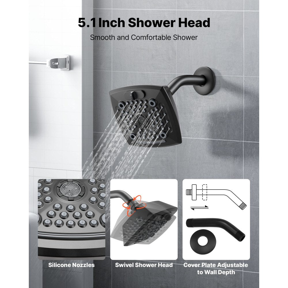 VEVOR Tub and Shower Faucet Set, Complete with 5.1-Inch Rainfall Shower Head and Bathtub Spout, 5-Setting Adjustable Spray, Single-Handle Tub Trim Kit with Brass Pressure Balancing Valve, Matte Black