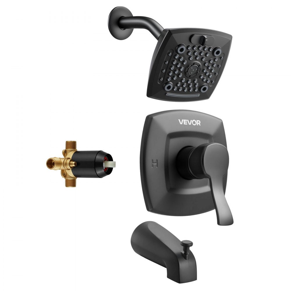 VEVOR Tub and Shower Faucet Set, Complete with 5.1-Inch Rainfall Shower Head and Bathtub Spout, 5-Setting Adjustable Spray, Single-Handle Tub Trim Kit with Brass Pressure Balancing Valve, Matte Black
