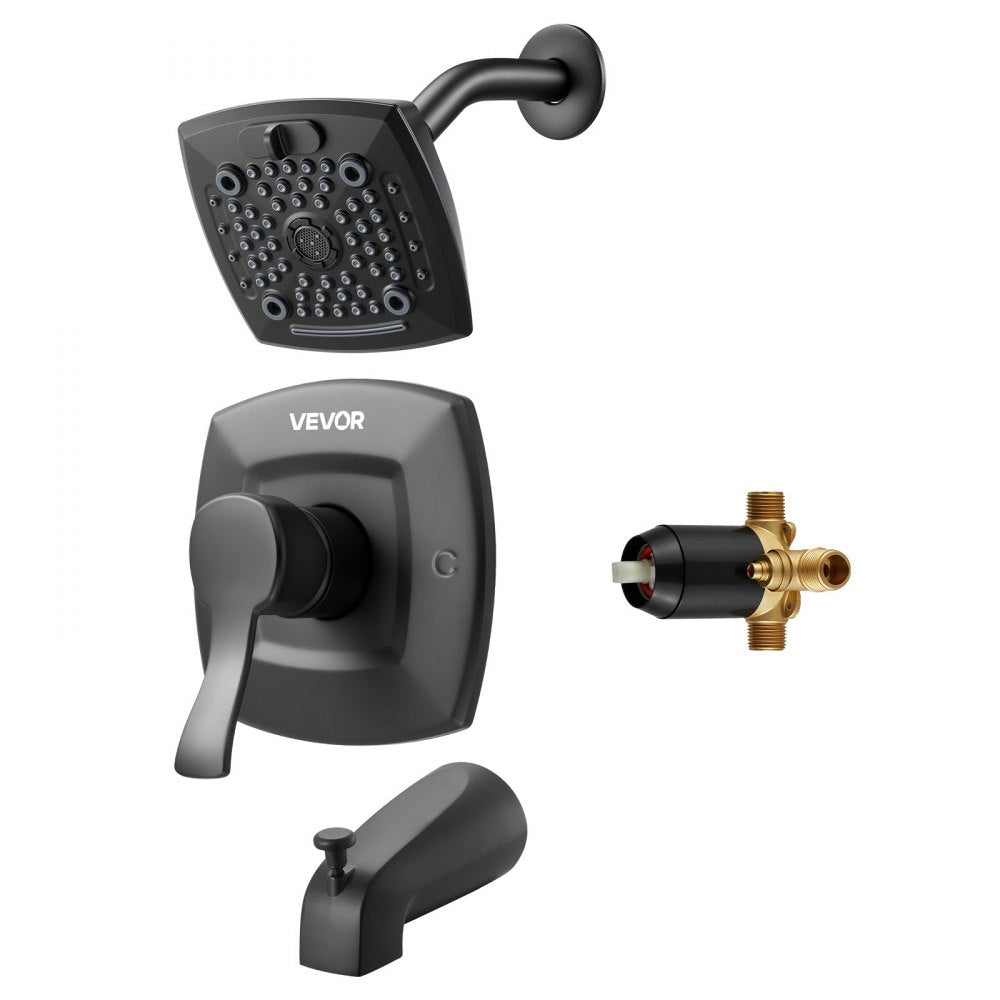 VEVOR Tub and Shower Faucet Set, Complete with 5.1-Inch Rainfall Shower Head and Bathtub Spout, 5-Setting Adjustable Spray, Single-Handle Tub Trim Kit with Brass Pressure Balancing Valve, Matte Black
